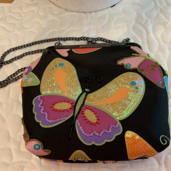 Marco Arvane Handbags - A stunning Marco Arvane black (silk?) and sequin butterfly embellished p…